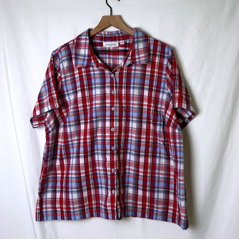 Breckenridge Women Plaid Button Down Short Sleeve Shirt Size 3X Red White Blue